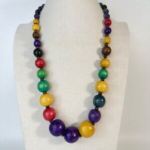 Colorful Rainbow Wooden Bead Necklace‎ Long Length Statement